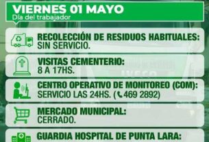 Servicios municipales durante el viernes 1° de mayo