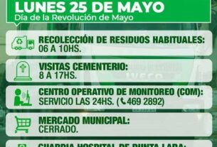 Servicios municipales durante el lunes 25 de mayo,