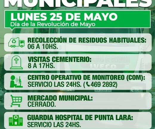 Servicios municipales durante el lunes 25 de mayo,