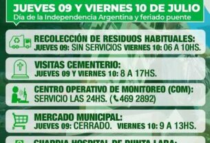 Servicios municipales durante el feriado del jueves 9 de julio y el viernes 10,