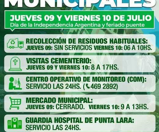 Servicios municipales durante el feriado del jueves 9 de julio y el viernes 10,